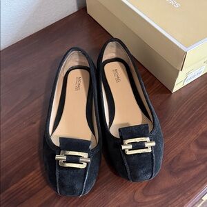 Michael Kors Black Suede Loafers with Gold Accent